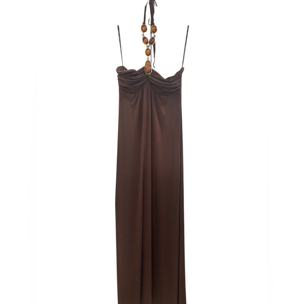 Vintage RARE XOXO chocolate brown jeweled halter maxi dress - medium